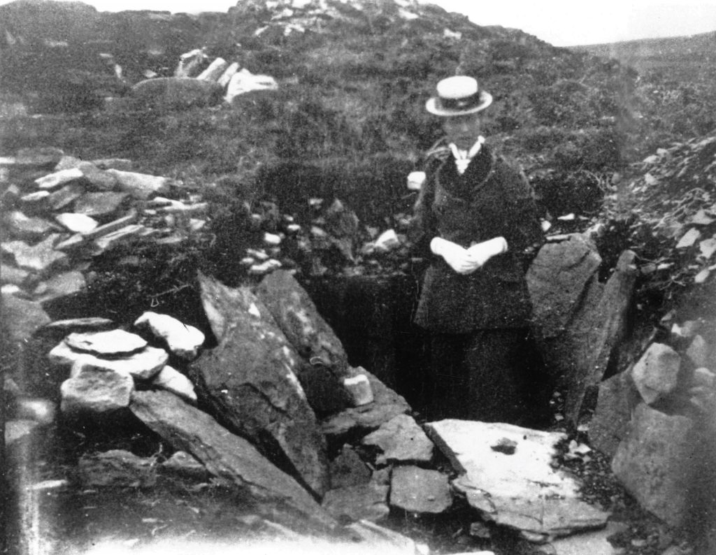 “What a pity the Stones cannot speak and reveal to us the intentions of their builders…”. Lady Eliza Burroughs at the excavation of Taversoe Tuick chambered cairn, Rousay, Orkney, 1898 (Image by kind permission of Orkney Photographic Archive). 
