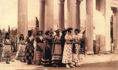 A photo from the 3-day festival in 1926 held at the Panathenaic Stadium, showing young ladies of Lykeion ton Hellenidon wearing Minoan costumes. These were tailored under Anna Apostolaki's instructions. Image 20407 from Lykeion ton Hellenidon Photographic Archive, reproduced with permission from Lykeion ton Hellenidon